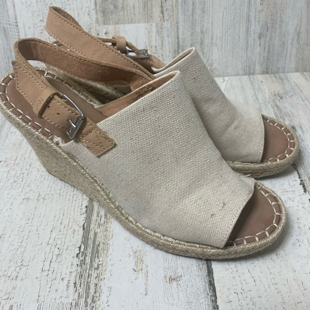 TOMS Monica Espadrille Wedge Sandals Natural Oxford Canvas Tan Size 9 Tan - Picture 3 of 7